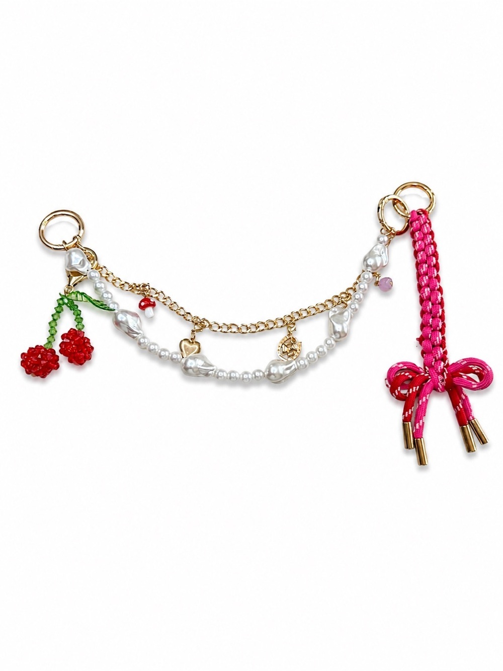 Cherry & Pearl Bag Charm | Pink Paracord Bow | Gold Tone Purse Charm Keychain